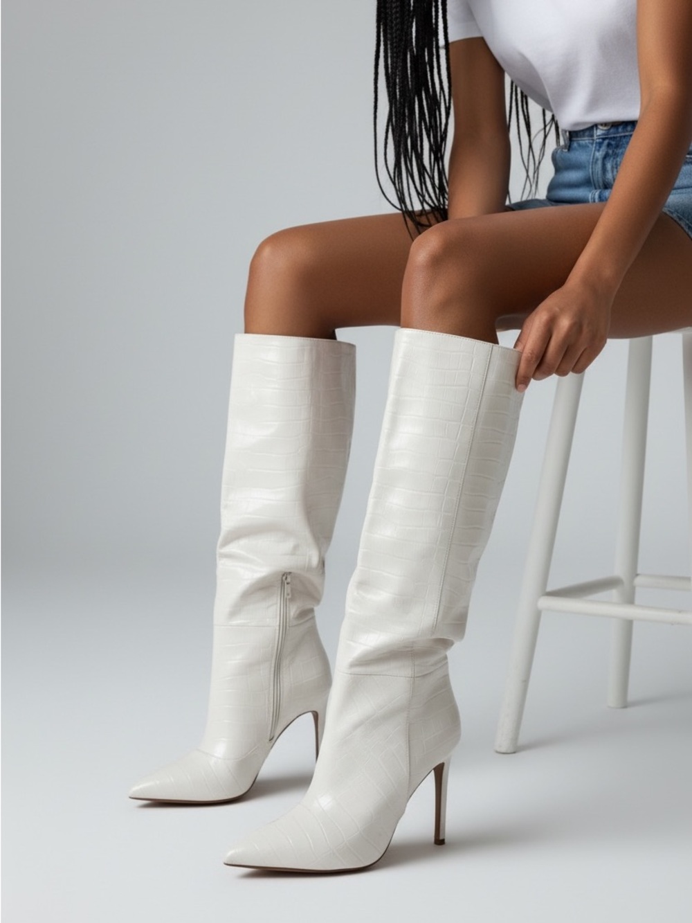 Guess White Croc-Embossed Pointed-Toe Knee Boots